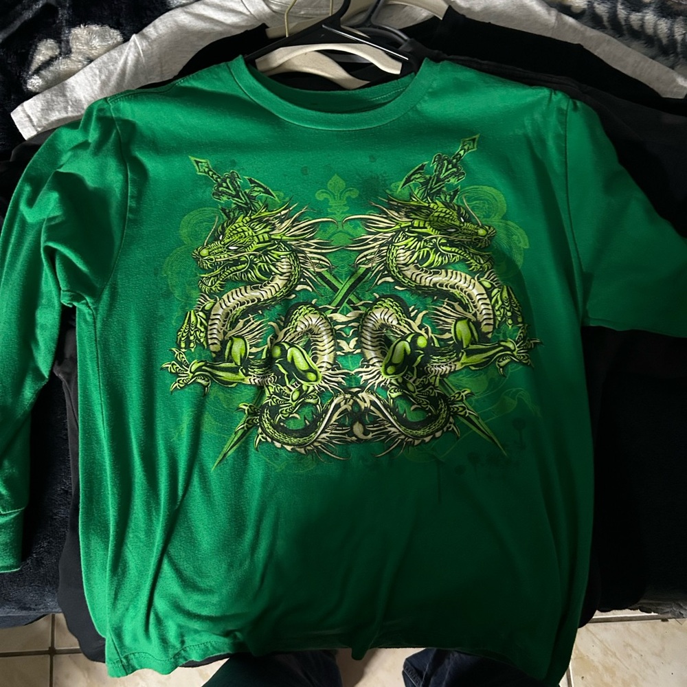 Green Long Sleeve Shirt with Dragon Design Y2K